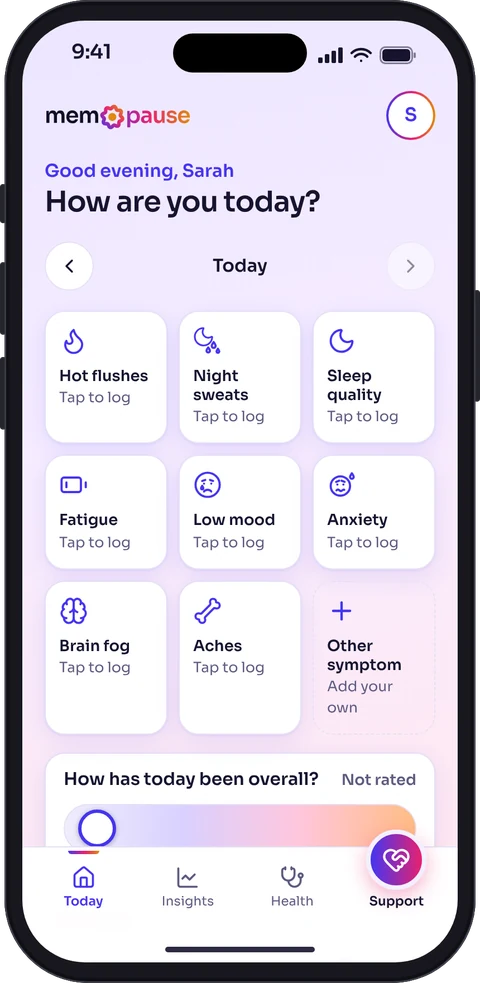 The Today screen in light mode: a grid of symptoms to tap, including hot flushes, night sweats, sleep quality, fatigue, low mood and anxiety.