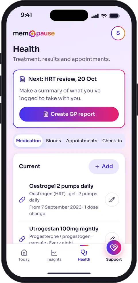The Health screen in light mode: the next appointment, a Create GP report button and current medication.