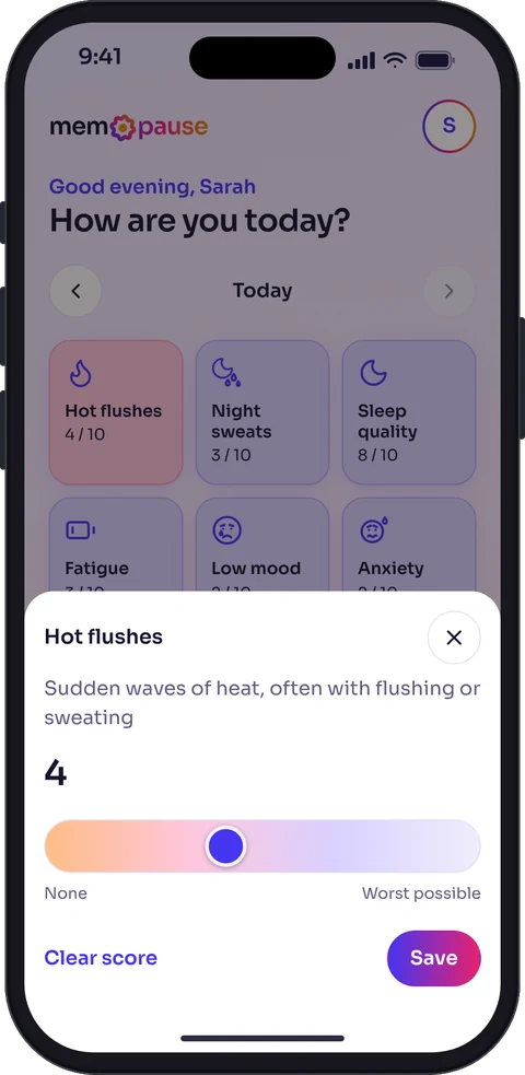 Scoring hot flushes in light mode: a slider from none to worst possible, set to 4, with a Save button.